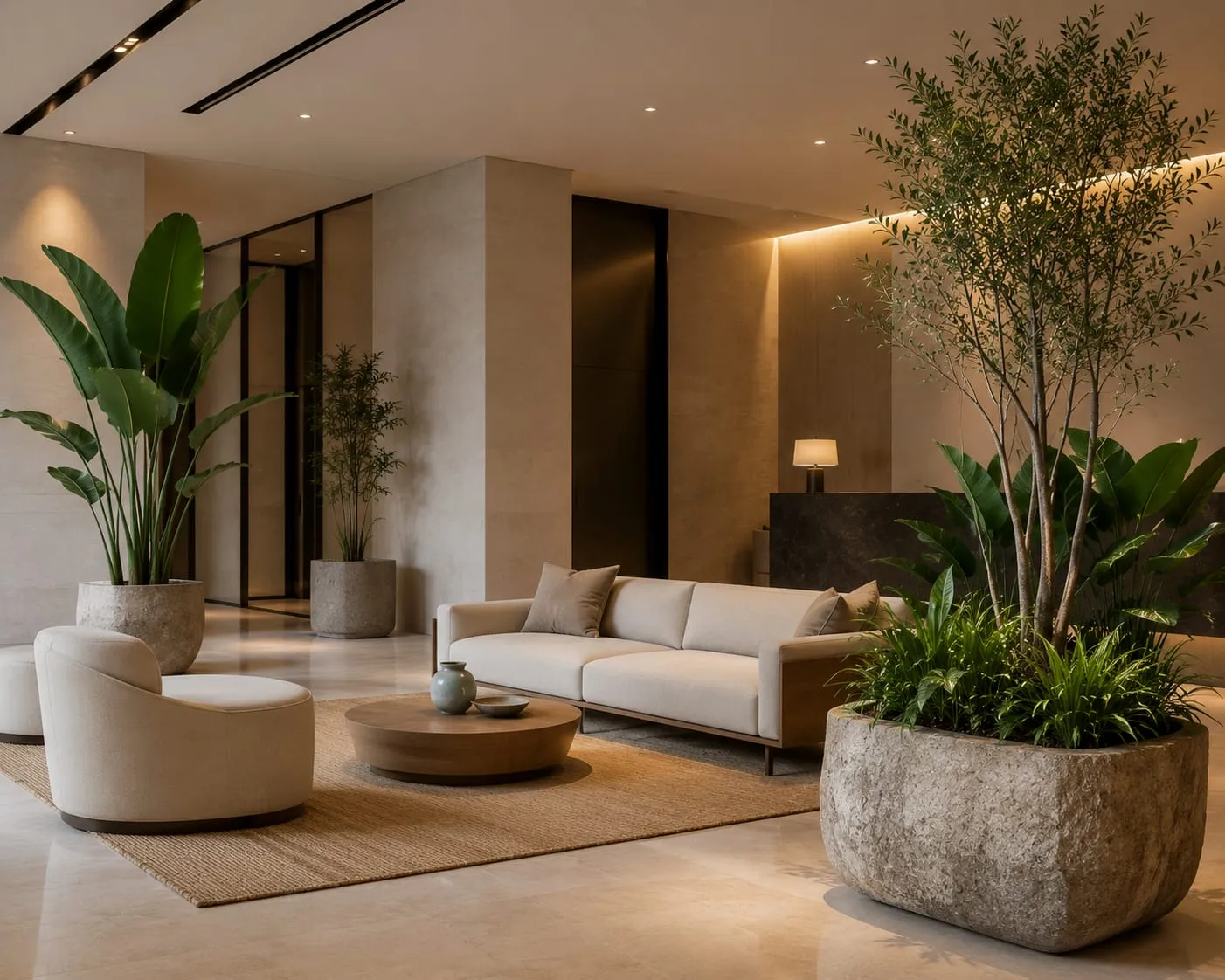 Zona de espera corporativa con plantas naturales de gran formato en maceteros de piedra